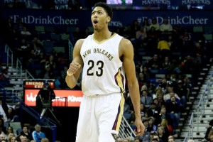 Jan 26, 2015; New Orleans, LA, USA; New Orleans Pelicans forward Anthony Davis (23) celebrates after scoring during the second half against the Philadelphia 76ers at the Smoothie King Center. The Pelicans won 99-74. Mandatory Credit: Derick E. Hingle-USA TODAY Sports