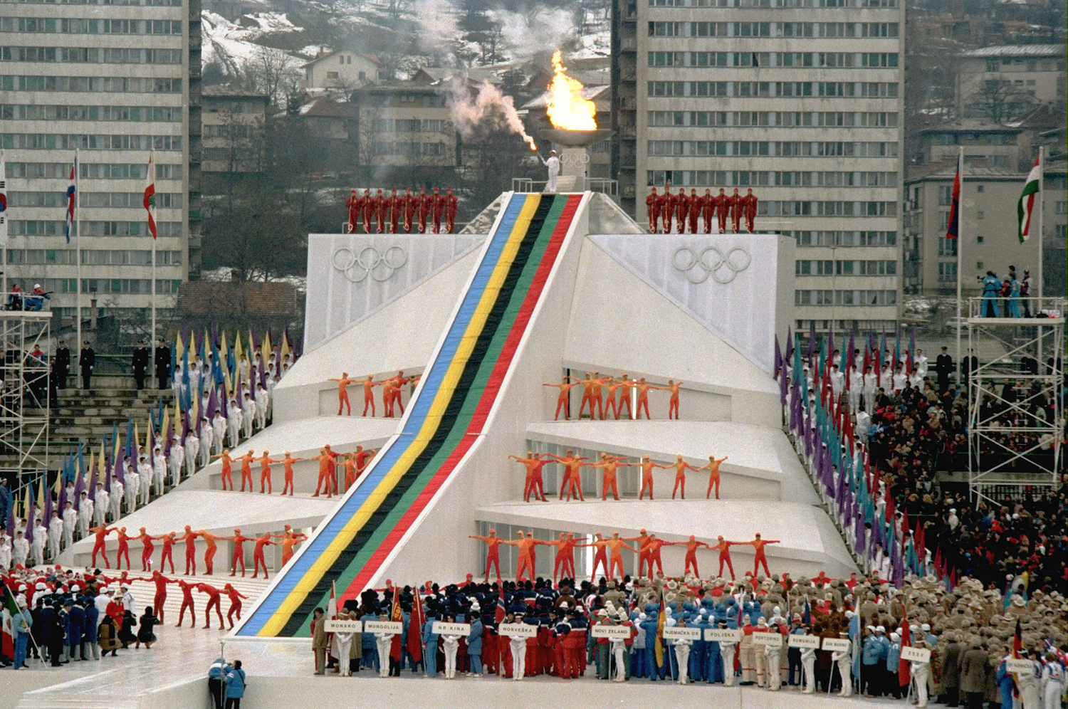 Opening ceremonies take place for the XIV Winter Olympics in Sarajevo's Kosevo stadium Feb. 8, 1984.  (AP Photo)